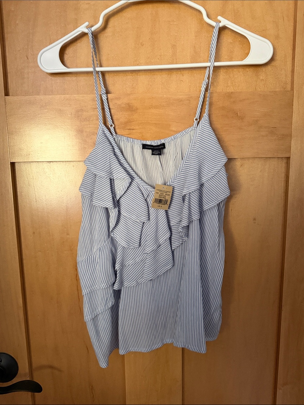 American Eagle Outfitters Light Blue & White Striped Ruffle Tank